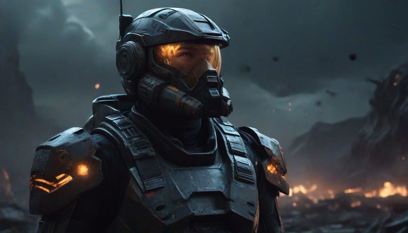 Cyberpunk Commander on a Distant Battlefield at Night