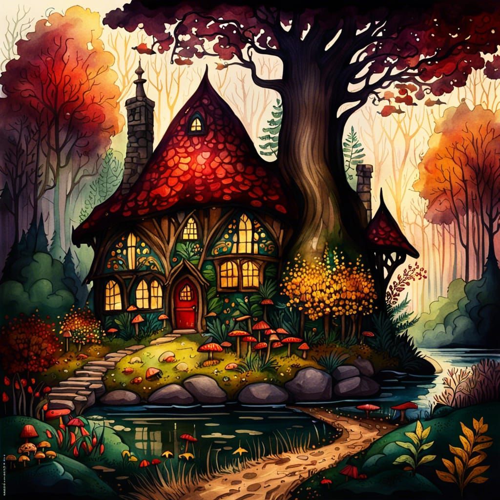 Gothic Fairytale Cottage Garden by River in Watercolor