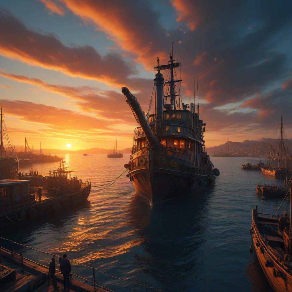 Steampunk Fishing Harbor Sunrise with Gears and Steam