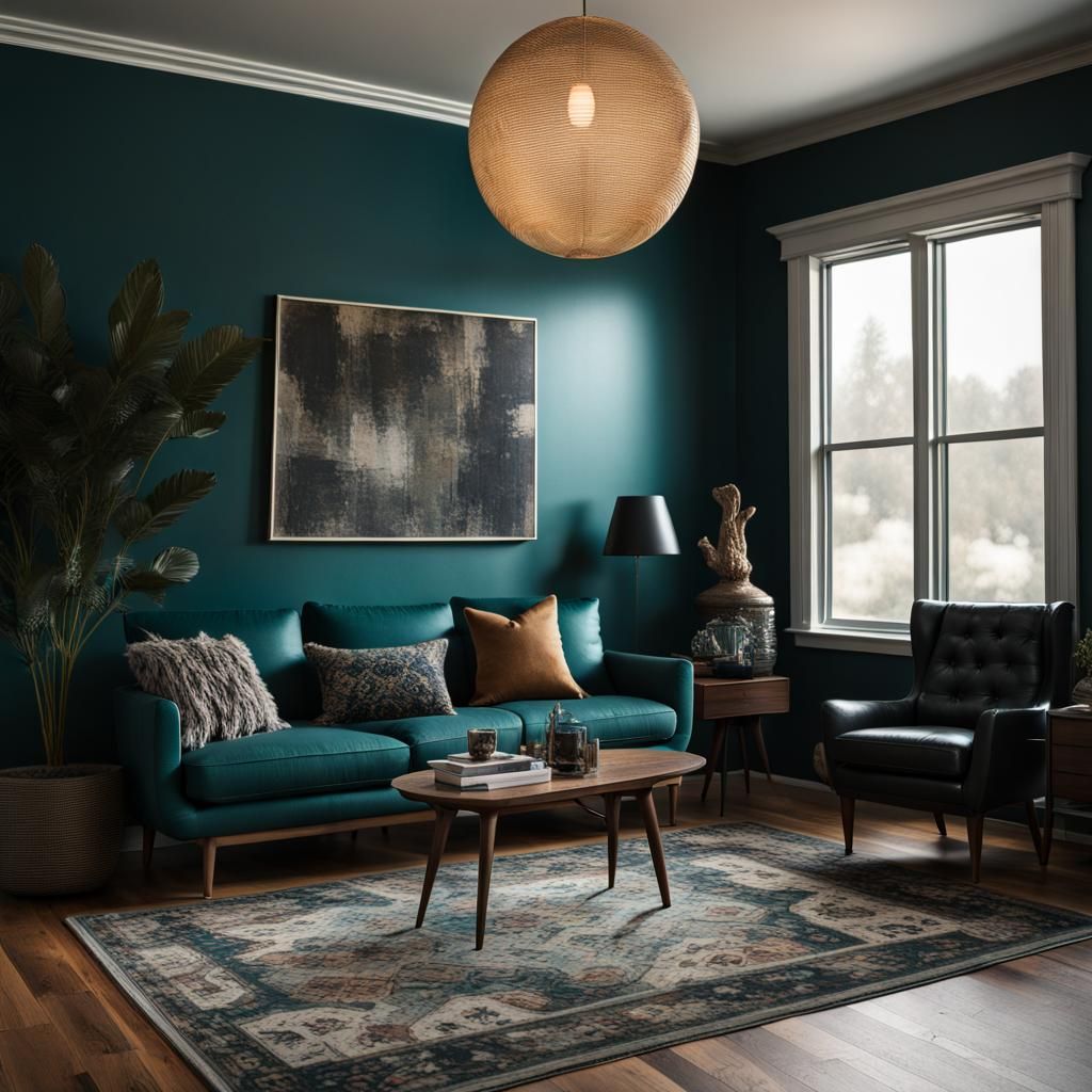 Moody dark teal living room walls with a black mid century modern couch.  Large smoky glass pendant light. Light wood an...