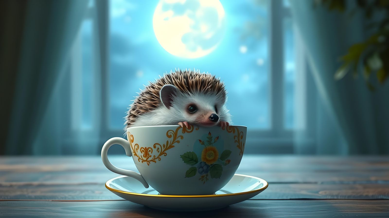 Adorable Hedgehog in Teacup Bathed in Moonlight