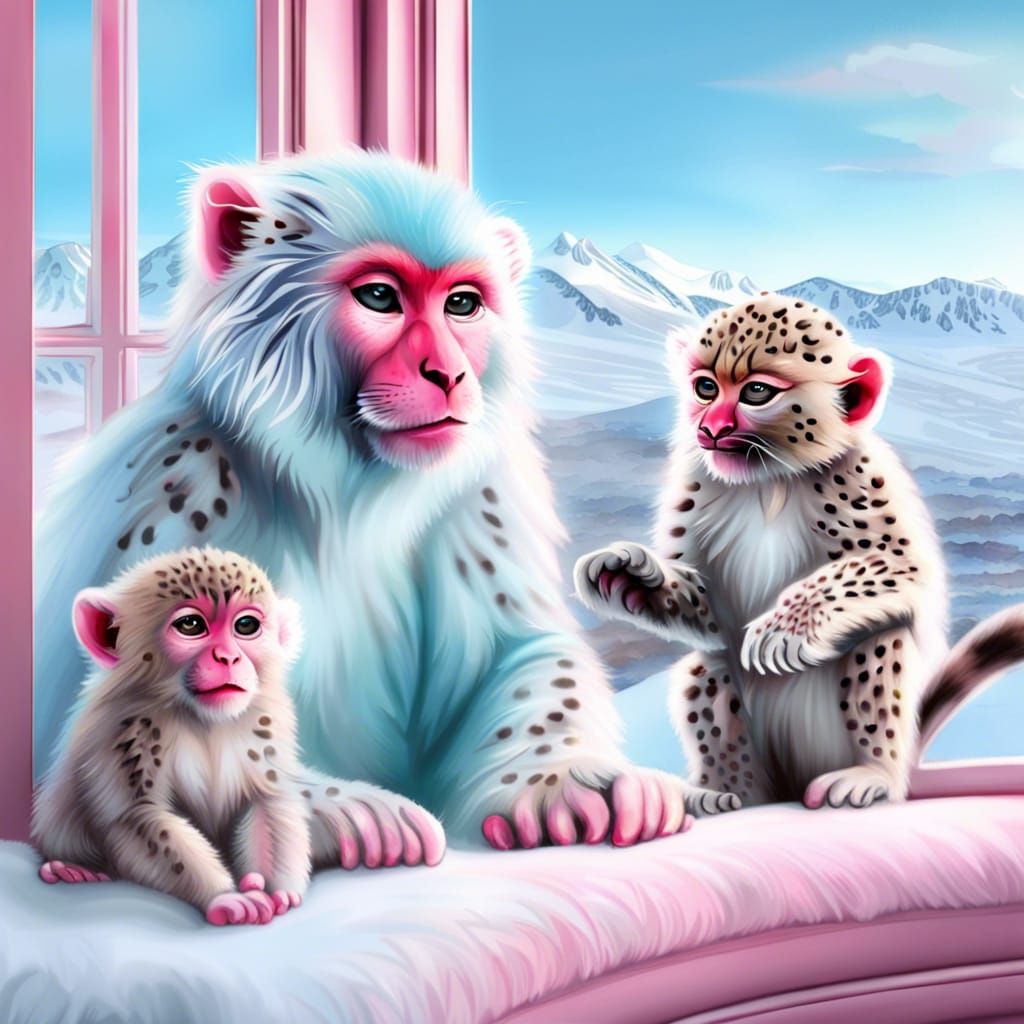 Pink Snow Monkey and Blue Snow Leopard Family