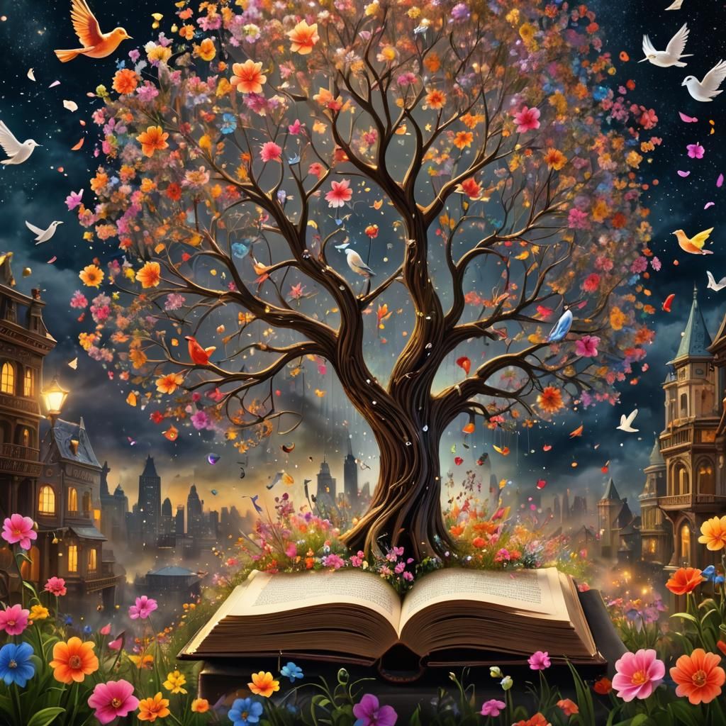 Whimsical Flowers Bloom From Book: Storybook Illustration