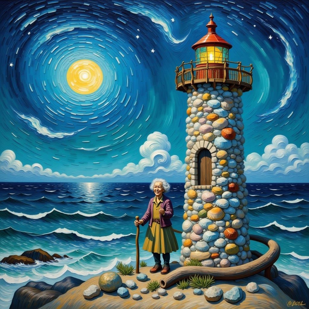 A solitary lighthouse keeper, a wise old woman with a kind s...