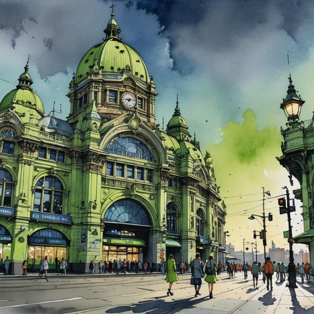 Lime Green Flinders Street Station: Watercolor Illustration