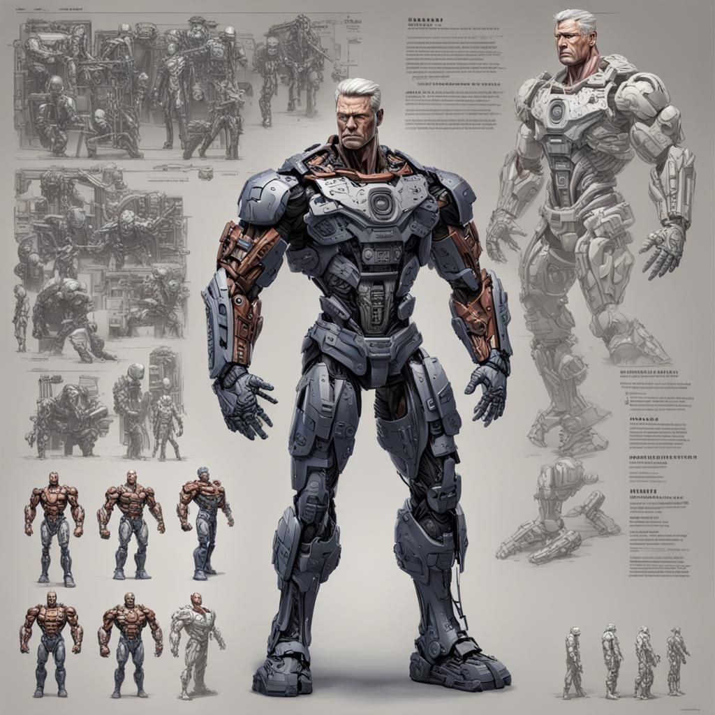 Technical Sheet: Damaged Robot Bodybuilder in Comic Book Sty...