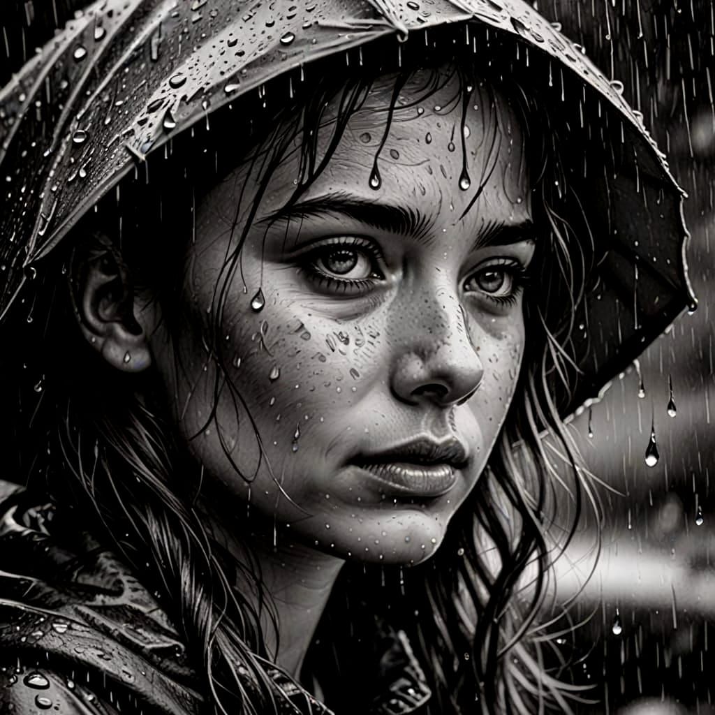 Hyperdetailed Charcoal Drawing of Raindrops