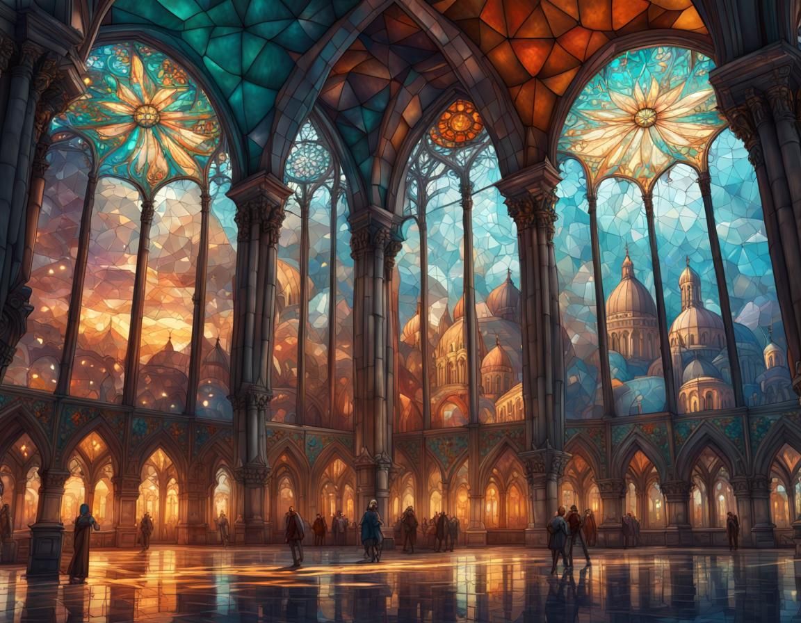 Stained Glass Cityscape in Hyperdetailed Lighting