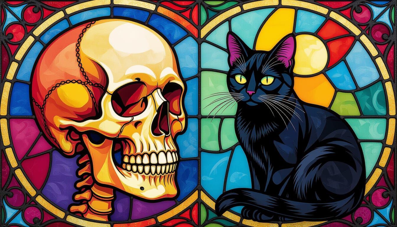 Skull and Black Cat Stained Glass Art