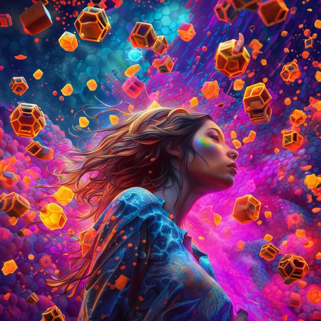 Psychedelic Girl with Honeycomb Pattern in Neon Dreamscape