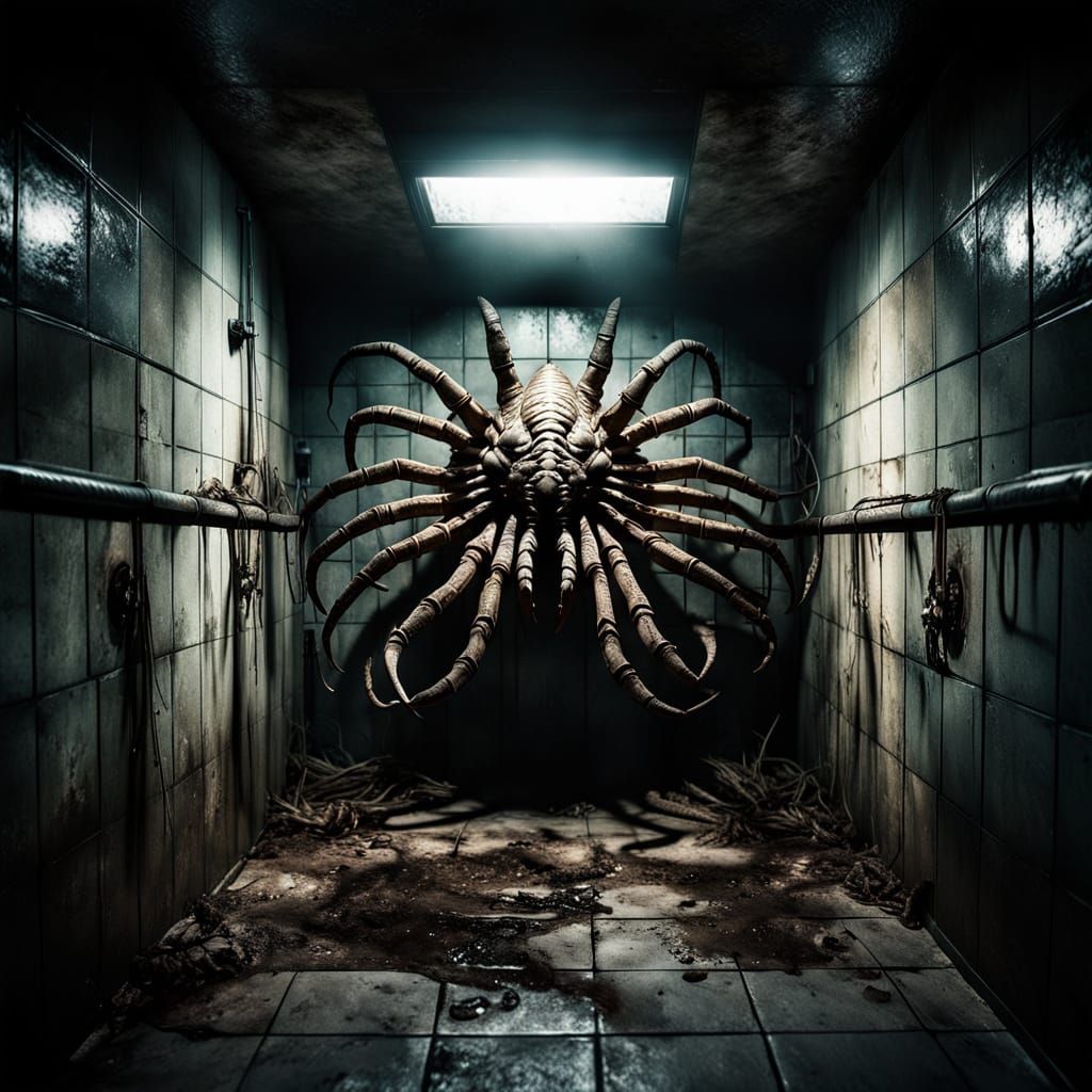 Giant Facehugger in Abandoned Bathroom Stall