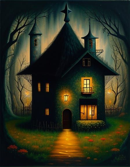 Enchanting Little House Oil Painting in Remedios Varo Style