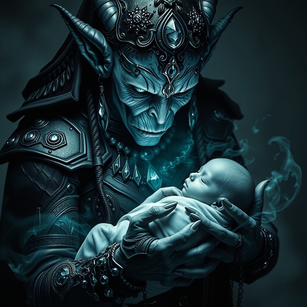 Ethereal Drow Orc Bestows Life on Newborn in Silver Nitrate-...