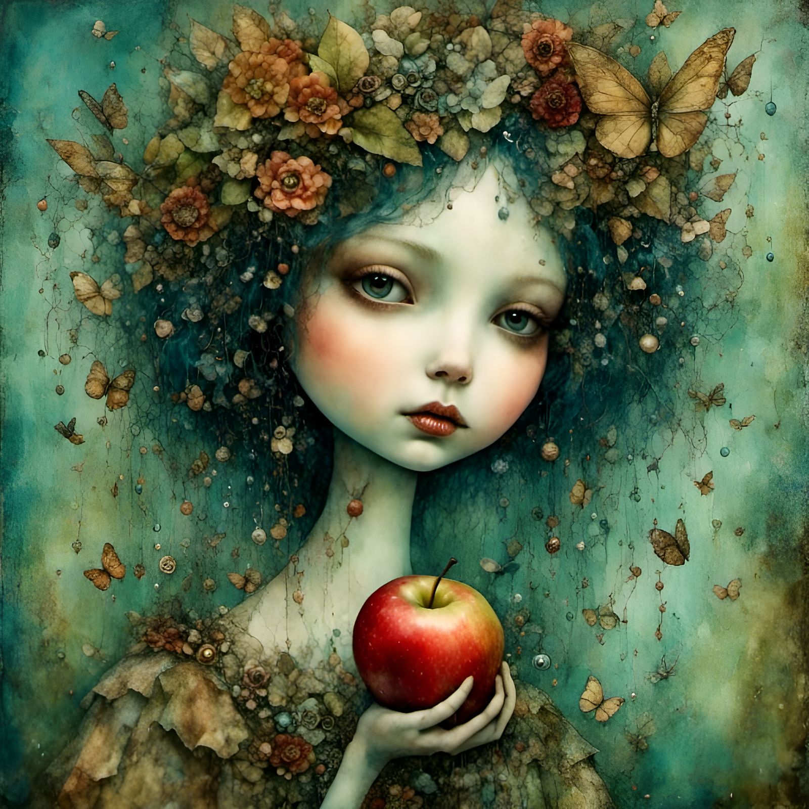 Whimsical Creature Portrait with Apple
