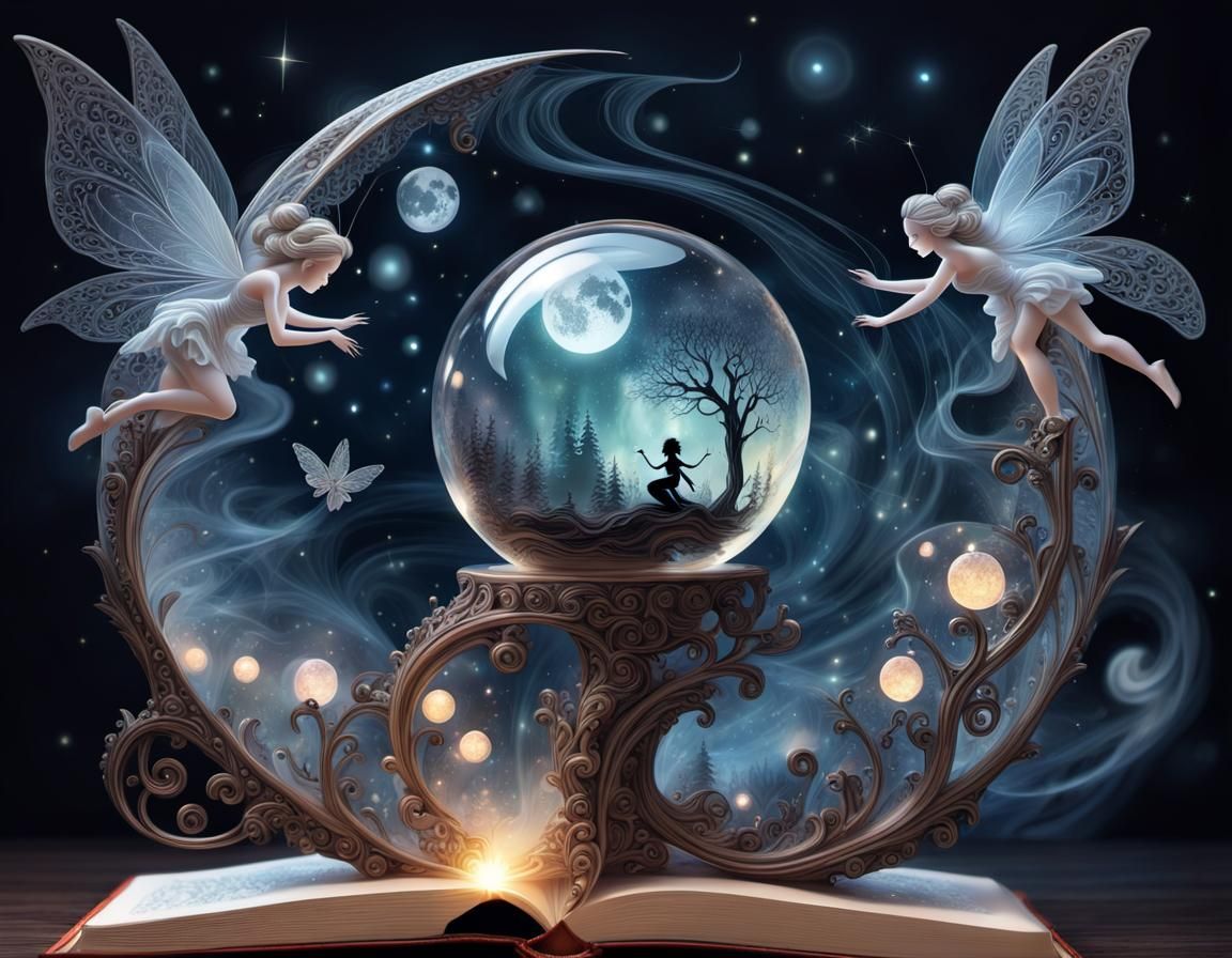 Fairies Emerge from Marble Book in Dark Woods