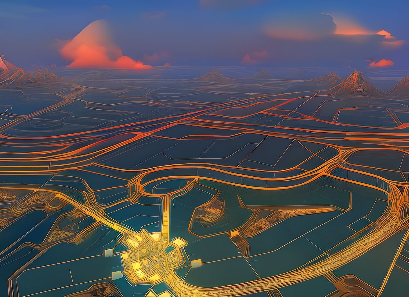Futuristic Cityscape at Sunset in Digital Art Style