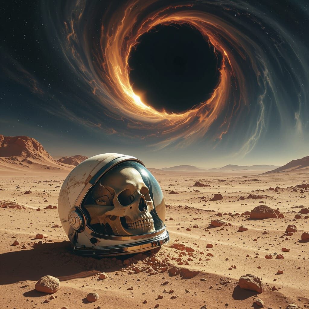 Cosmic Horror: Skull in Spacesuit Helmet near Black Hole