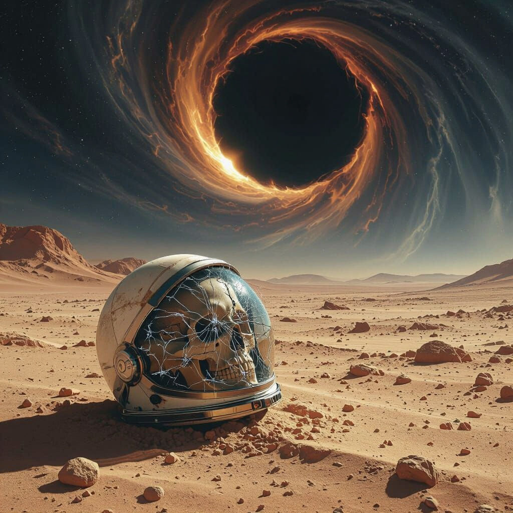 Cosmic Horror: Skull in Spacesuit Helmet on Desert Planet