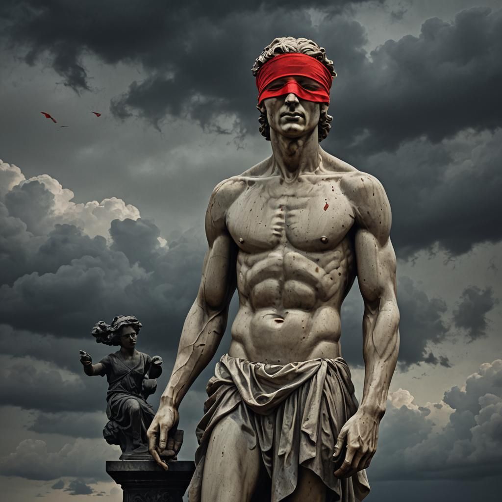 Neoclassical Statue with Red Blindfold in Digital Painting