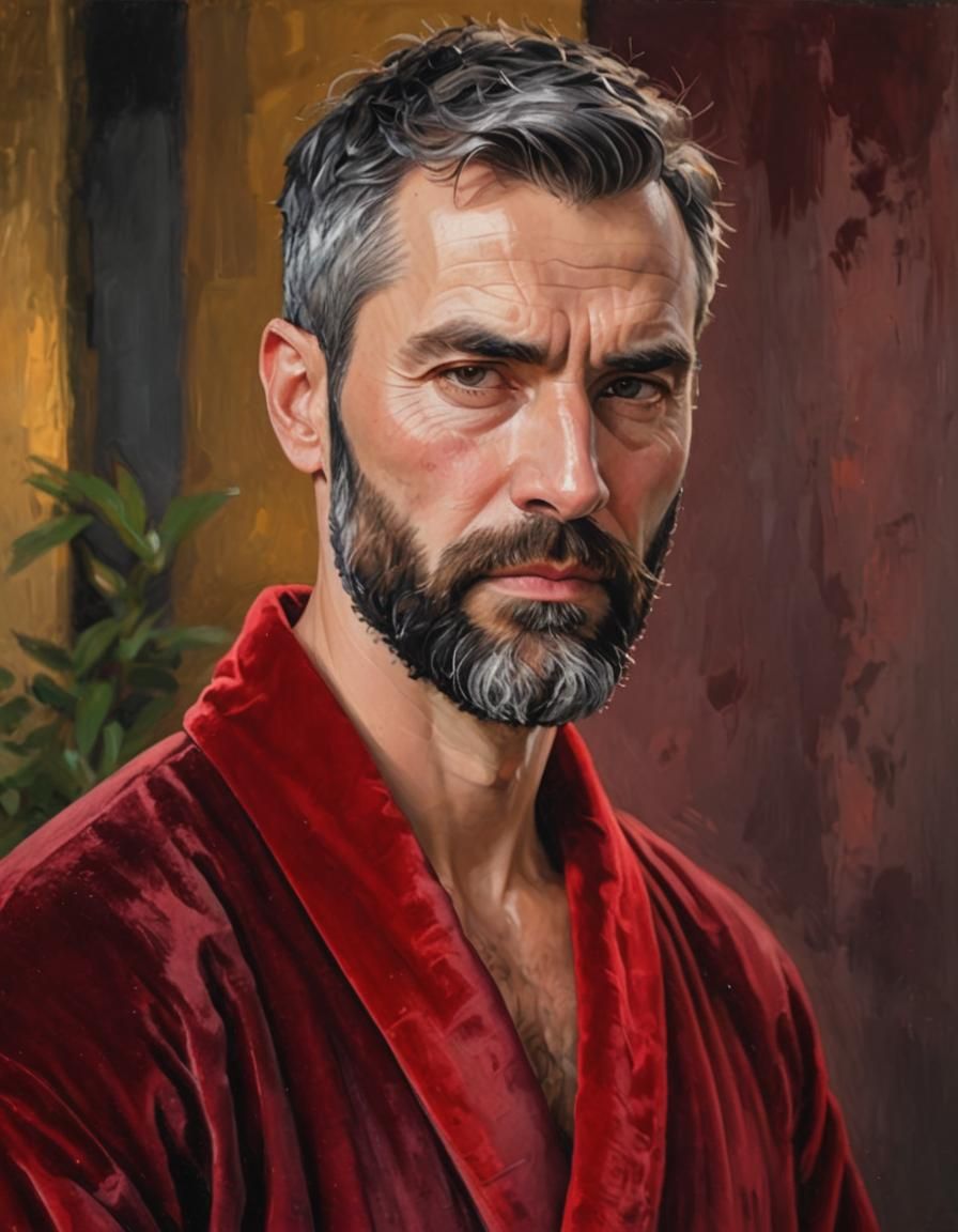 Serene Man in Red Robe: Neo-Impressionist Portrait