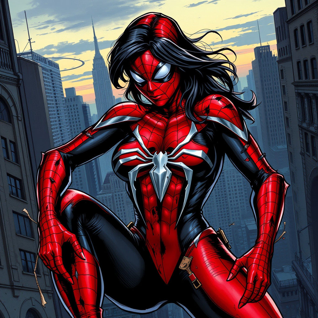 Heroic Spider Woman in Torn Suit, Comic Book Style