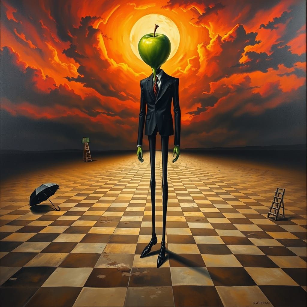 Surreal Oil Painting of Distorted Figure on Checkerboard Des...