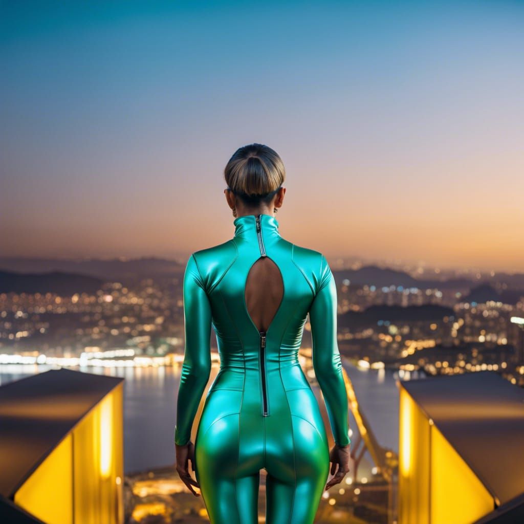 Woman in Yellow Catsuit in Utopian City