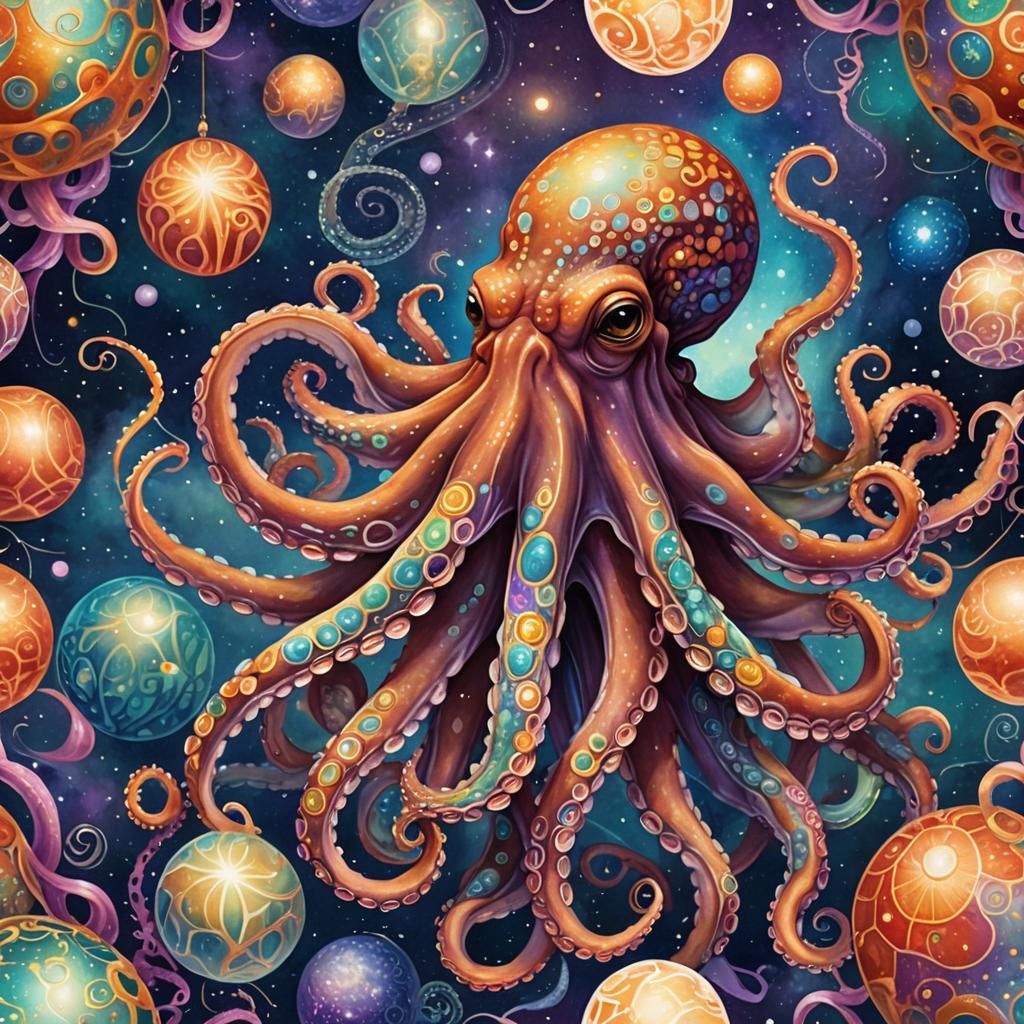 Octopus Creates Worlds in Holographic Astral Illustration