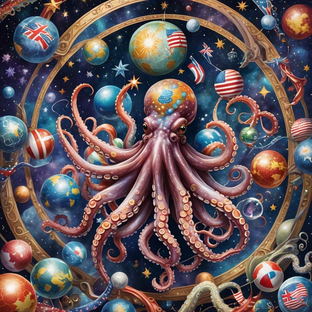 Cosmic Octopus of World Harmony: Surreal Illustration