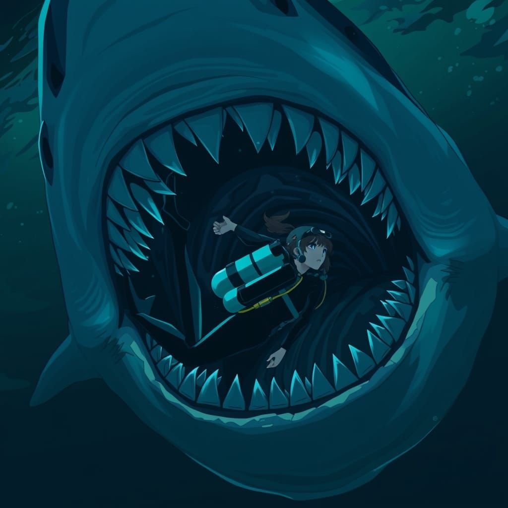 Daring Diver Meets Shark in Dark Abyss