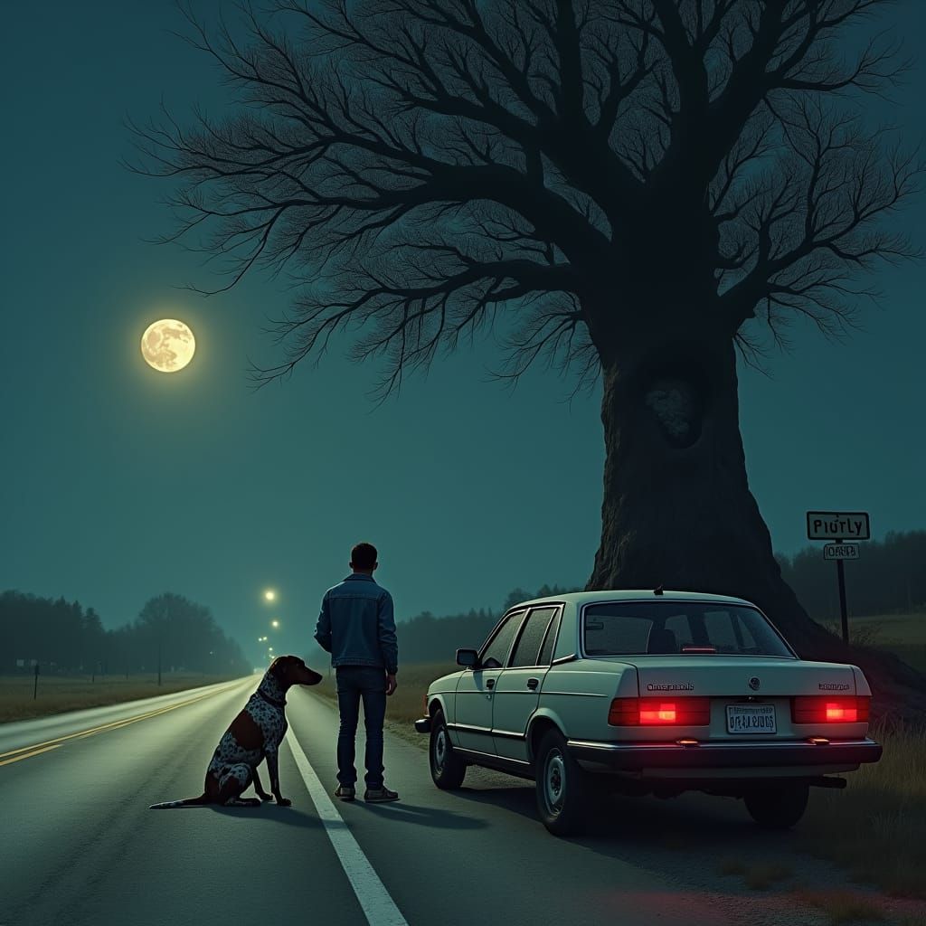 Desolate Roadside Abandonment of Dog, Hyperrealistic Matte P...