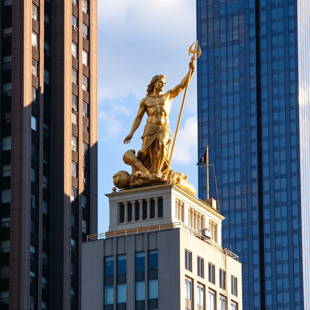 Golden Poseidon Towers Over Midtown Manhattan