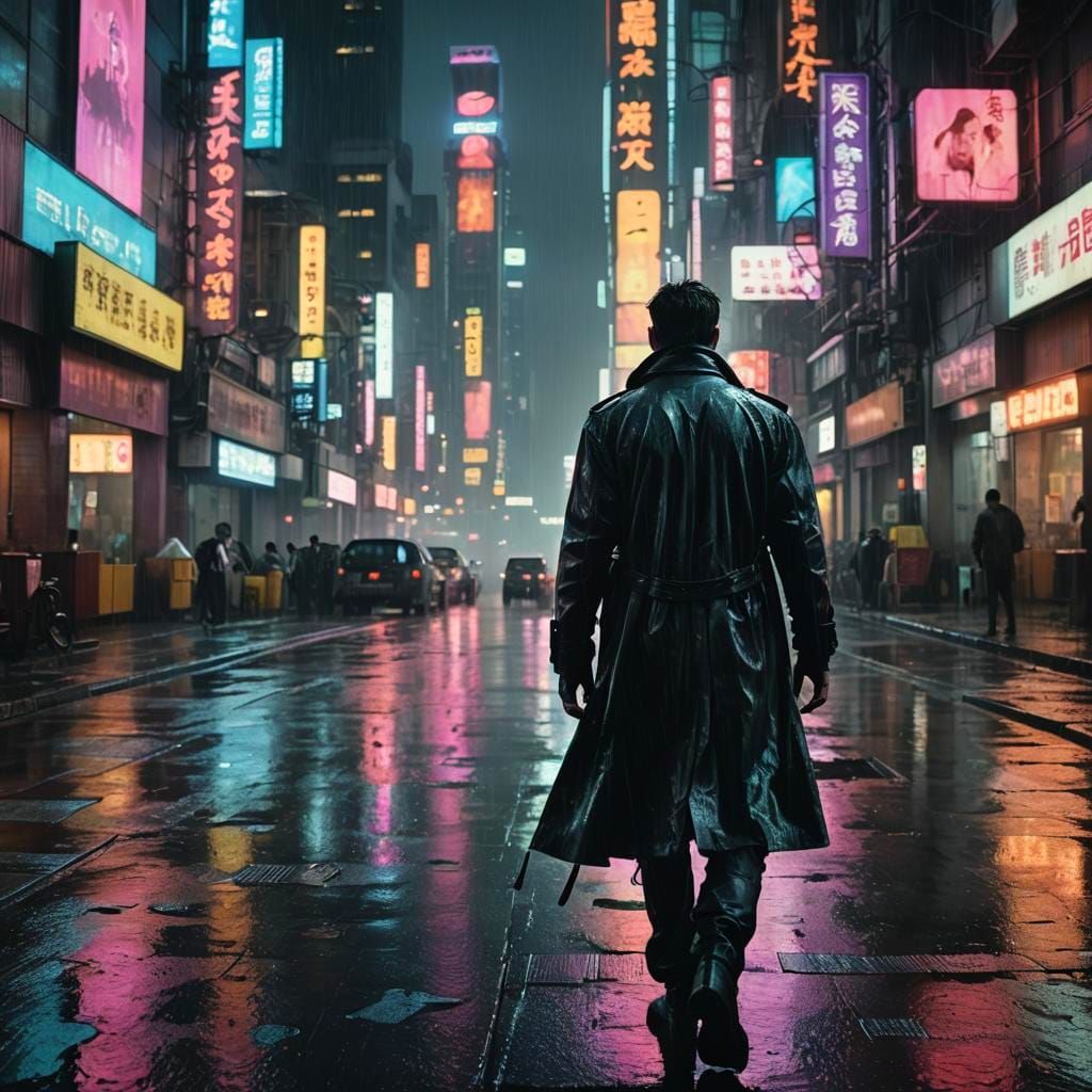 Cyberpunk Man Walks Grimy Street at Night
