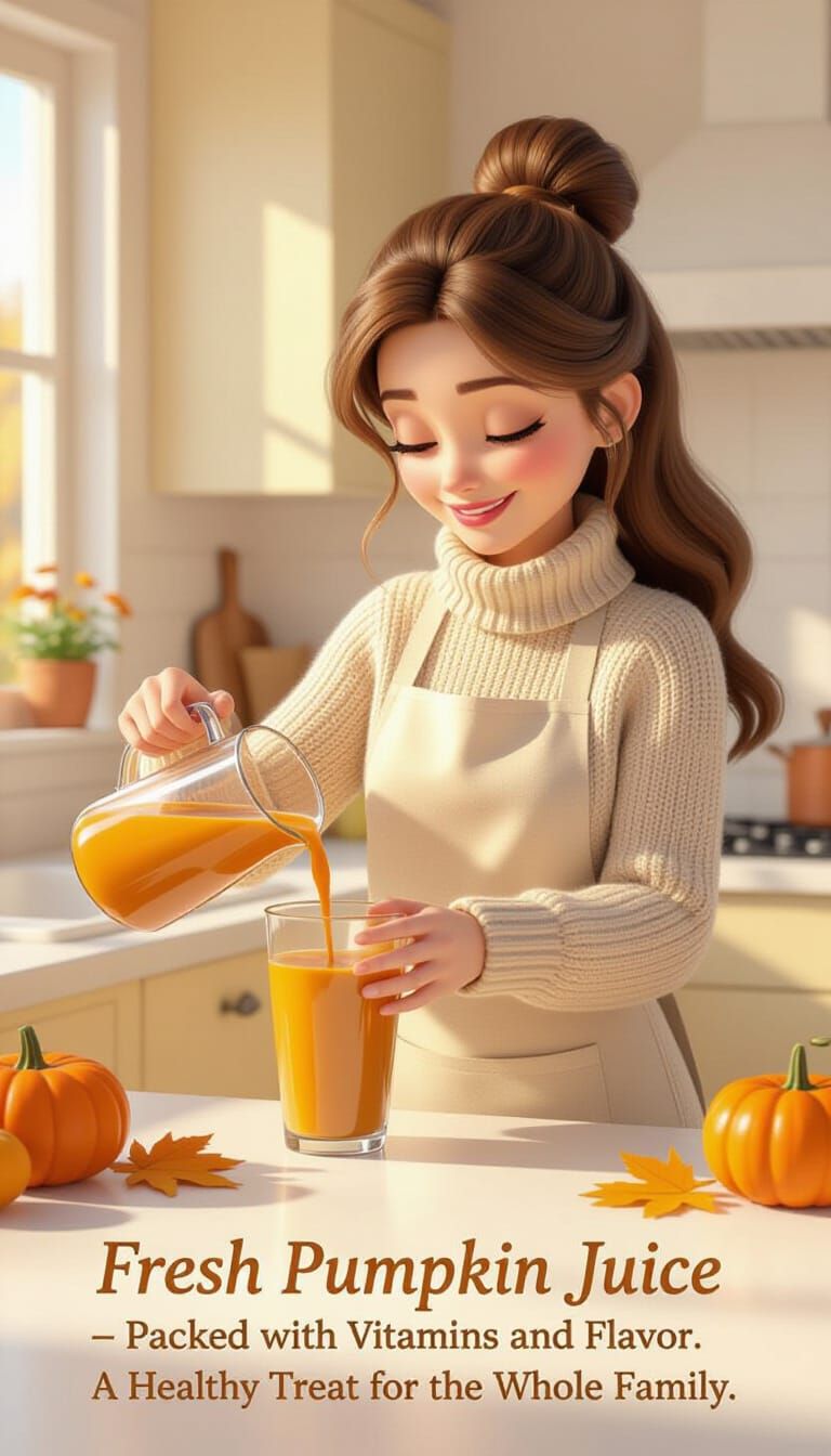 Loving Mother Pours Pumpkin Juice in Cozy Kitchen