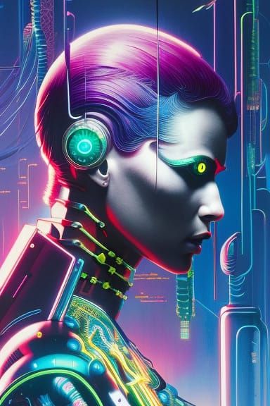 Neon Cyborg Goddess in Cyberpunk Electric City