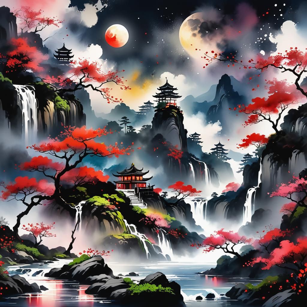 Lush Spring Landscape with Moon in Chinese Art