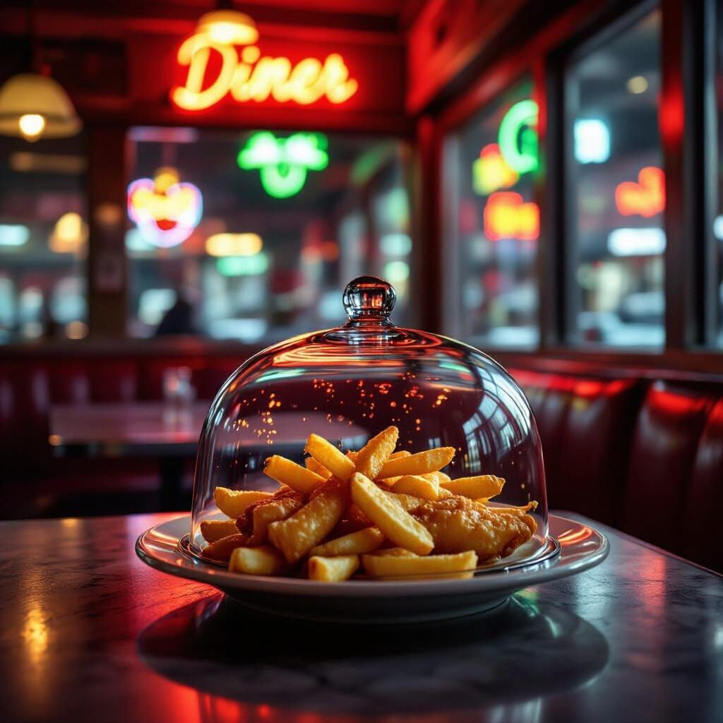 Vintage Diner Scene with Fish and Chips in Neon Glow