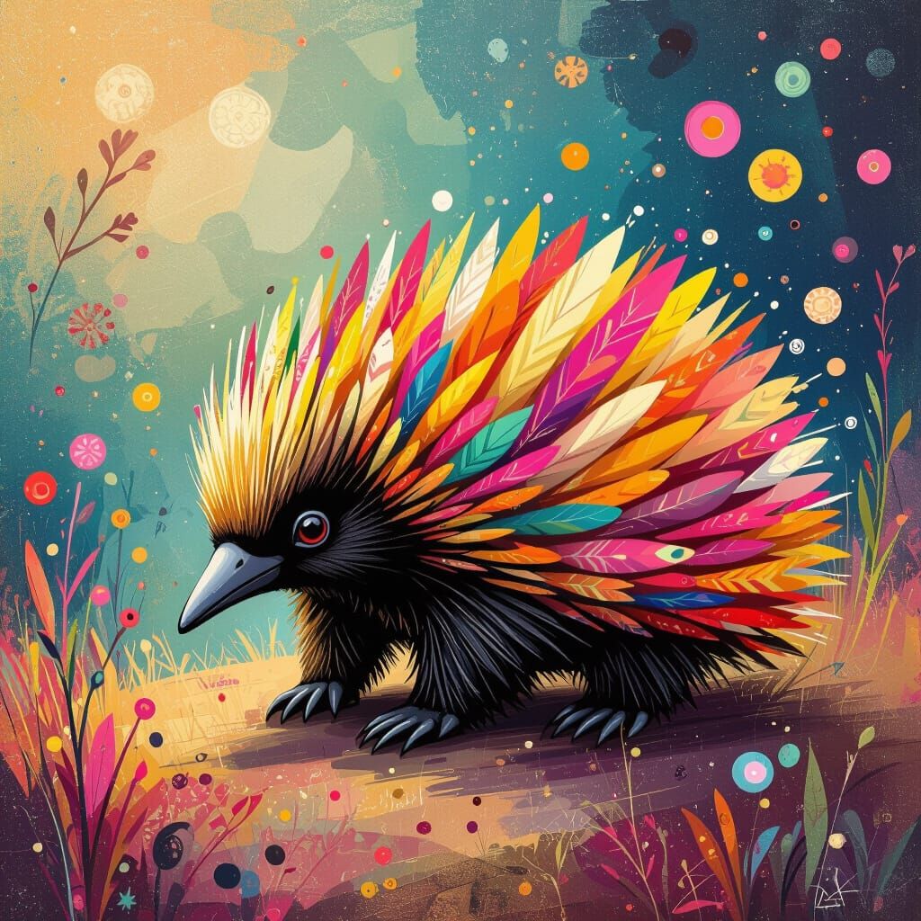 Echidna in Whimsical Environment, Modern Illustration