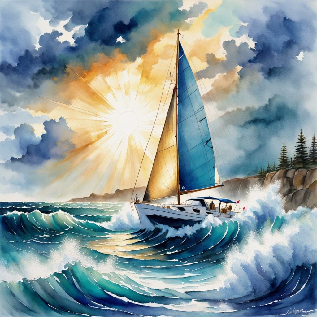 Sailboat on Stormy Seas with Watercolor Waves
