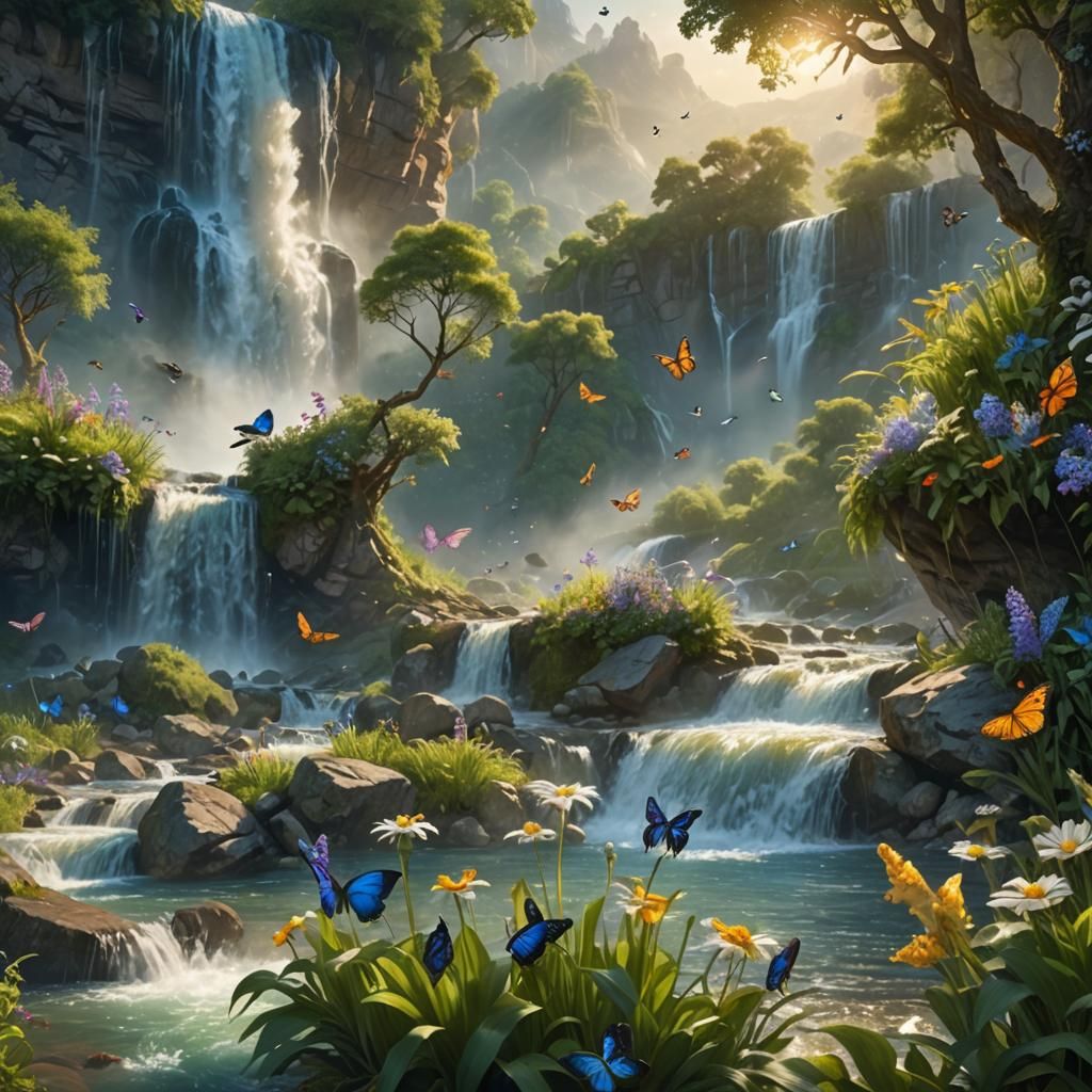 Lush Waterfall Landscape in 3D Animation Style