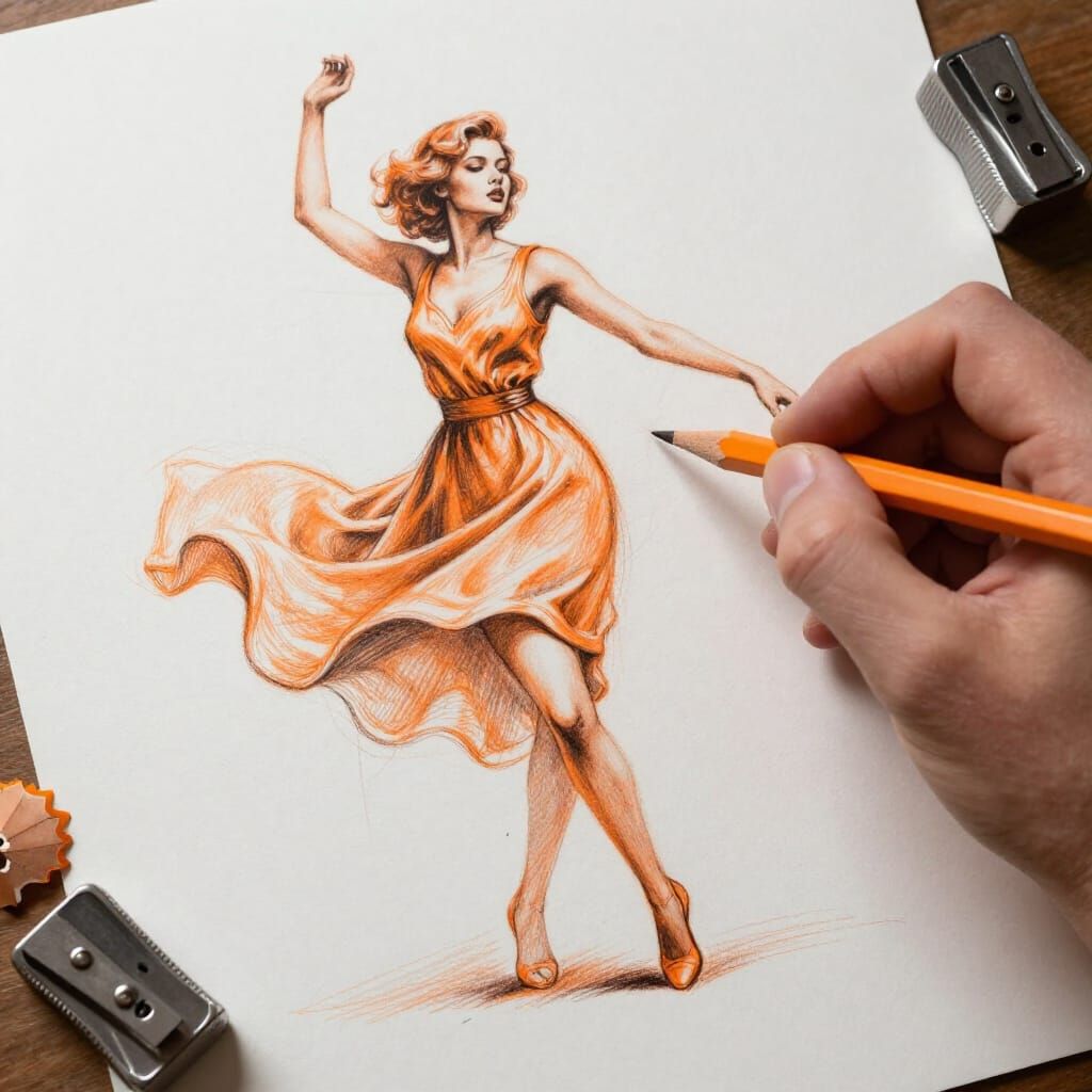 Graphite Sketch of a Dancer in Orange Monochrome