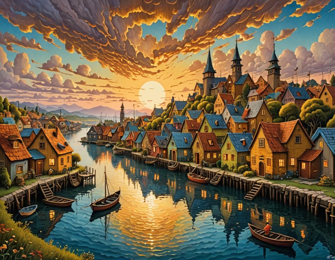 Golden Hour Fishing Village in Yerka Style