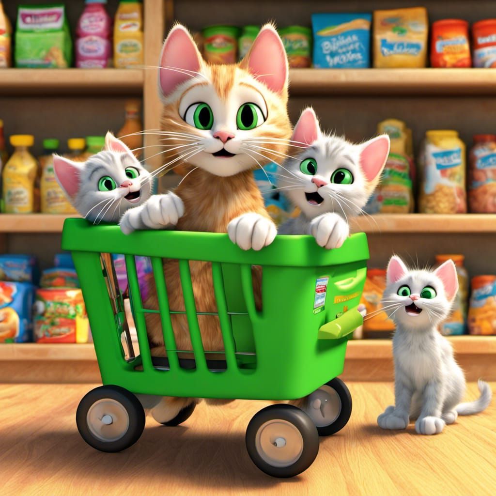 Momma Cat Grocery Shopping with Kittens: 3D Digital Art