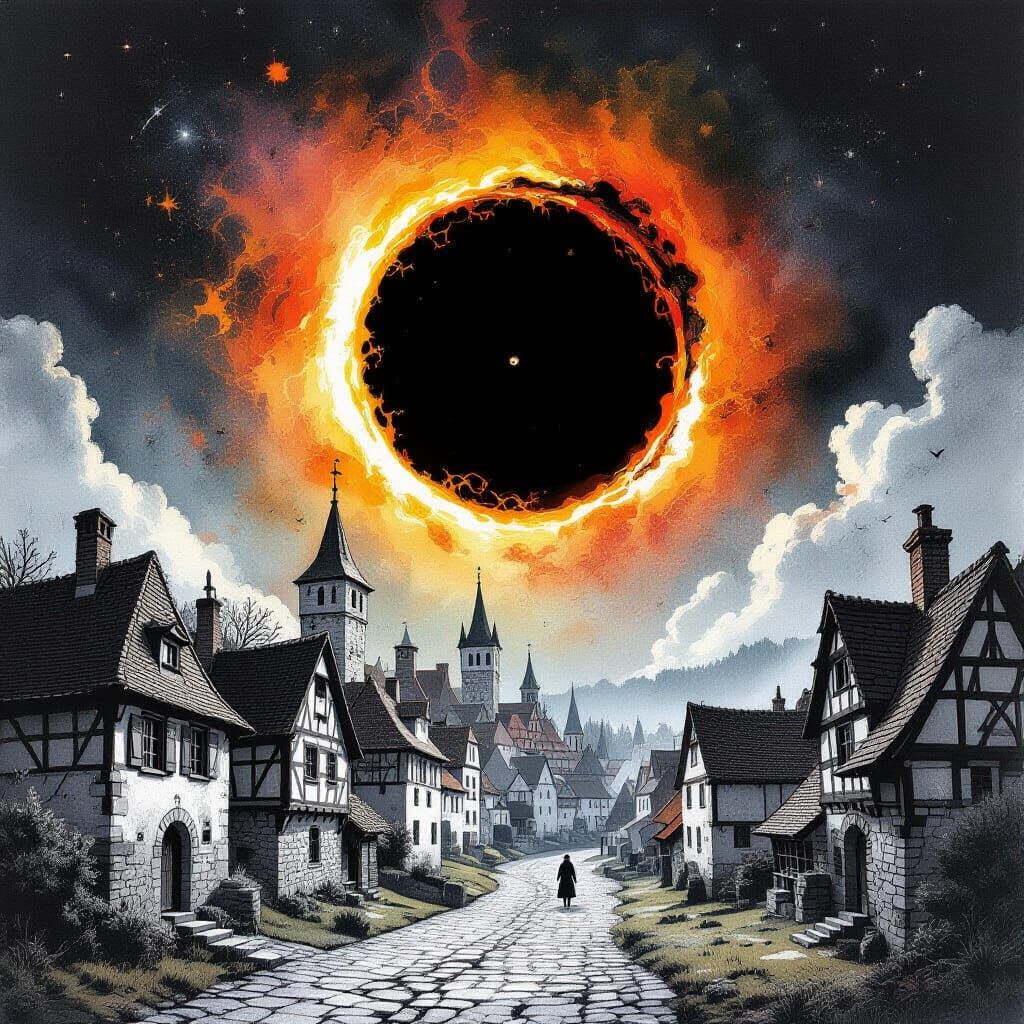 Double Exposure: Black Hole and Medieval Village