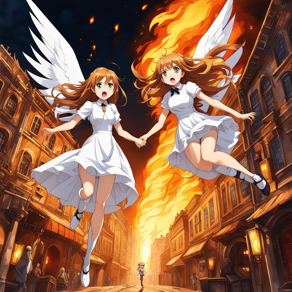 Anime Style: Figures Leap from Burning Plane