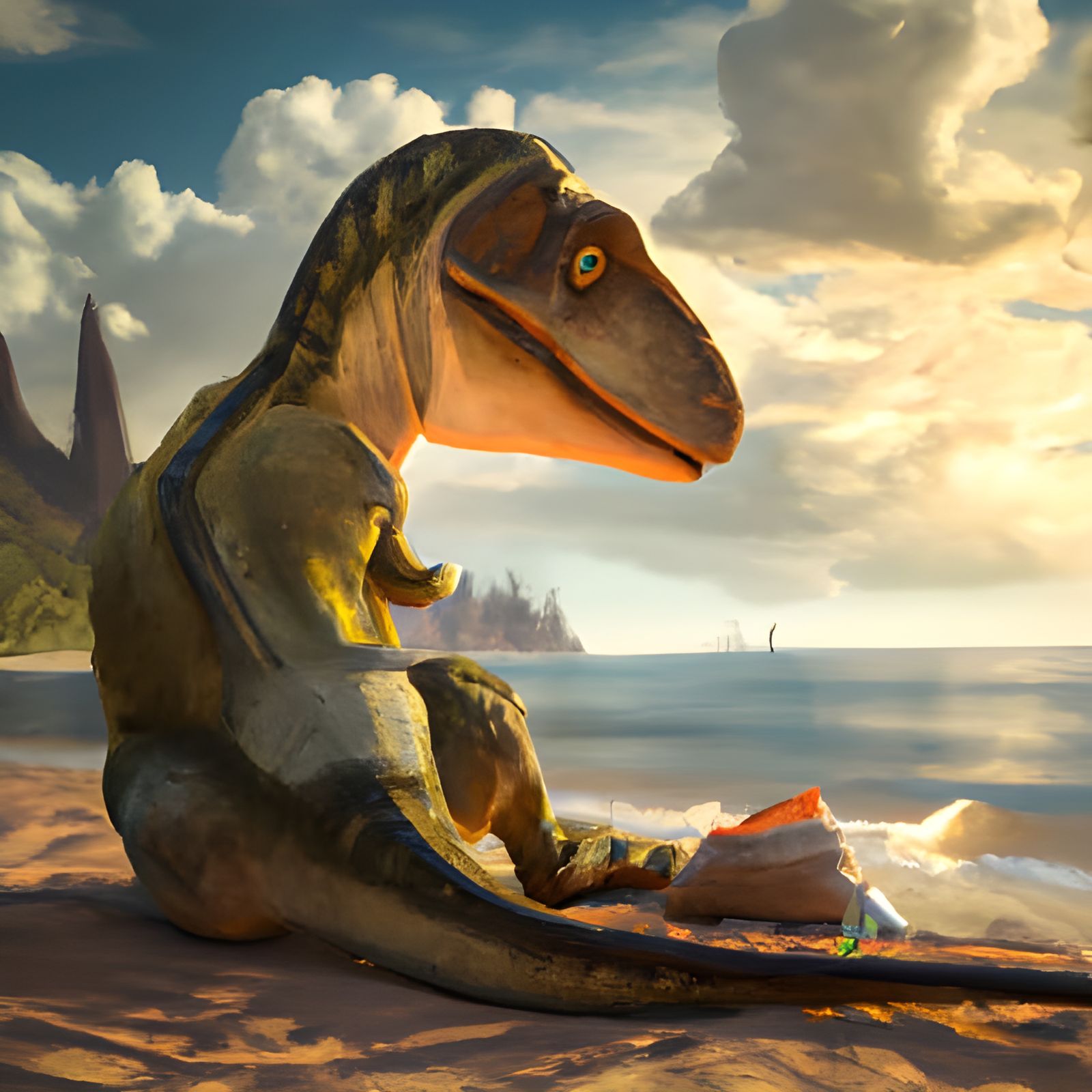Adorable Dinosaur Relaxing on the Beach in 3D