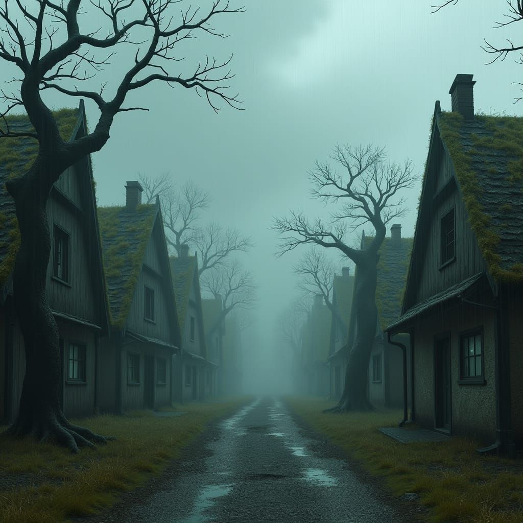 Eerie Abandoned Village in Rain, Atmospheric Landscape