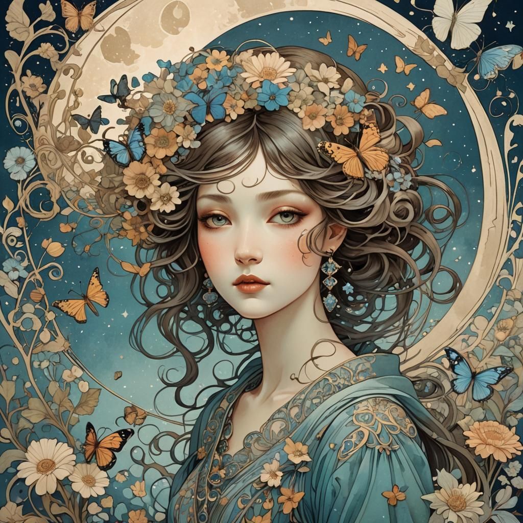 Surreal Fashionista Art Print in Mucha Style
