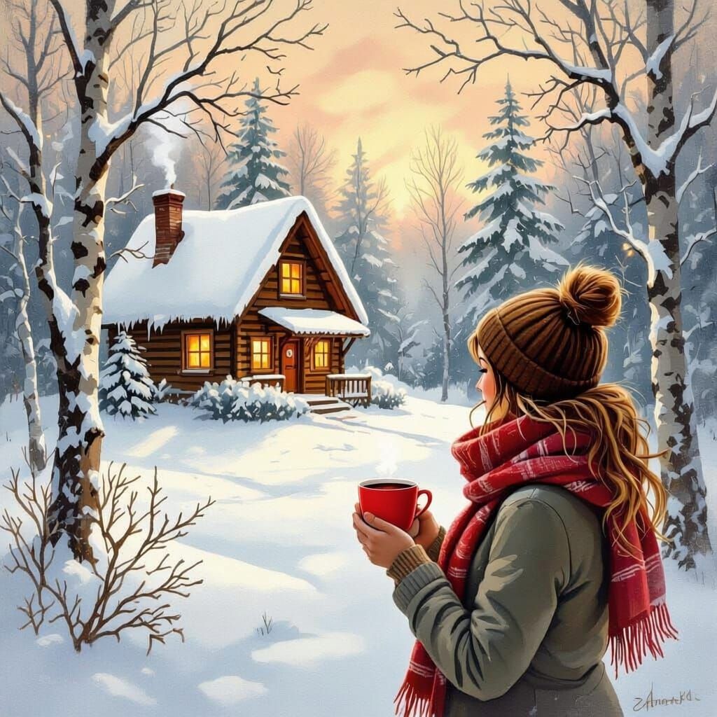 Winter Forest Christmas Scene with Woman and Coffee