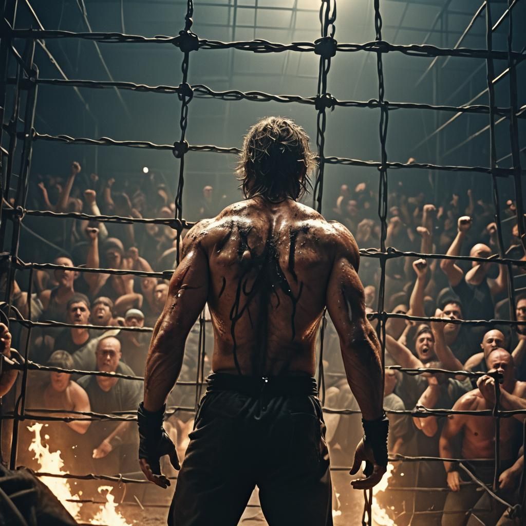Intense Cage Fight in Smoky Arena: Cinematic Film Still